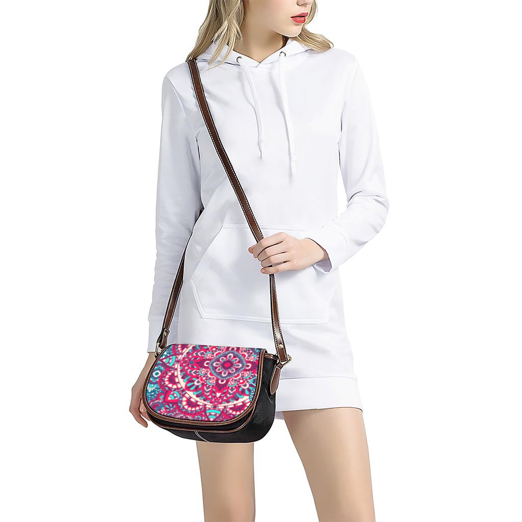 Pink Teal Bohemian Mandala Pattern Print Saddle Bag