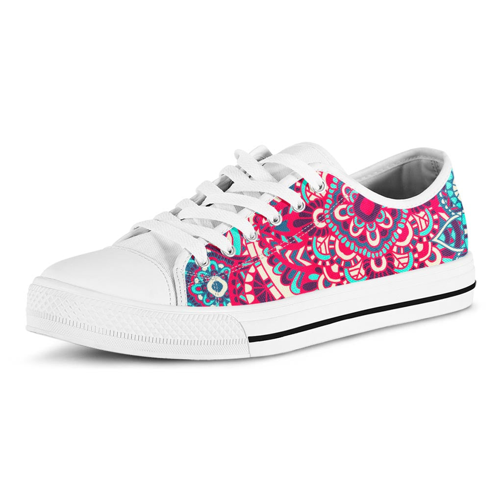 Pink Teal Bohemian Mandala Pattern Print White Low Top Sneakers