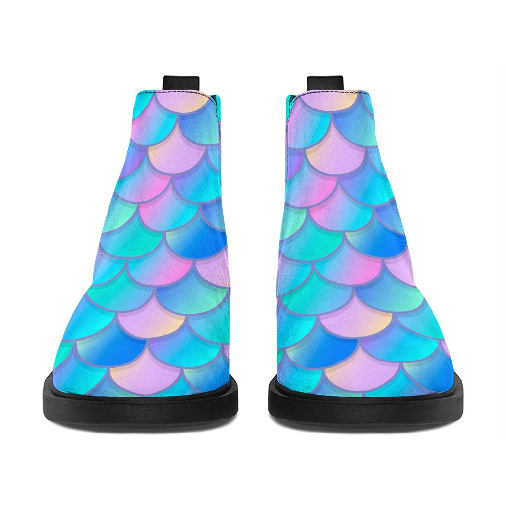 Pink Teal Mermaid Scales Pattern Print Flat Ankle Boots