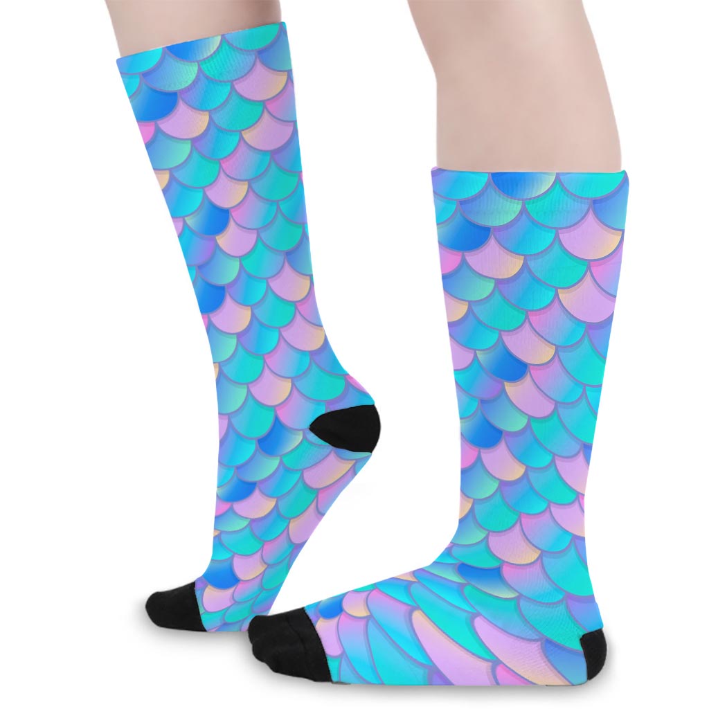 Pink Teal Mermaid Scales Pattern Print Long Socks