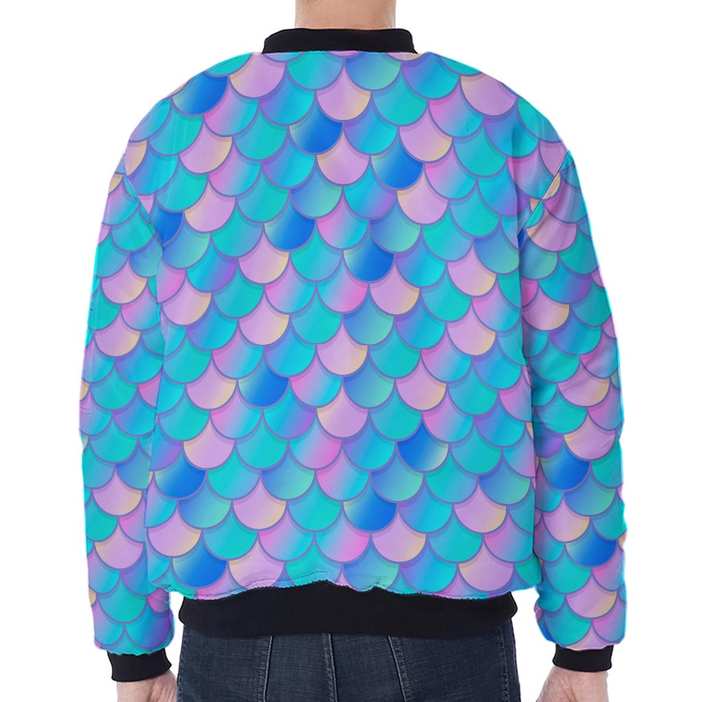 Pink Teal Mermaid Scales Pattern Print Zip Sleeve Bomber Jacket