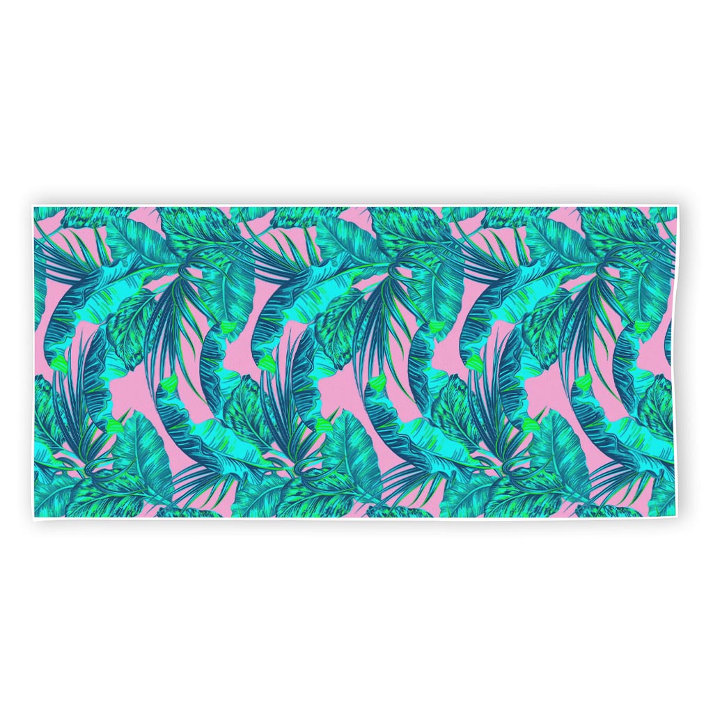 Pink Teal Tropical Leaf Pattern Print Beach Towel