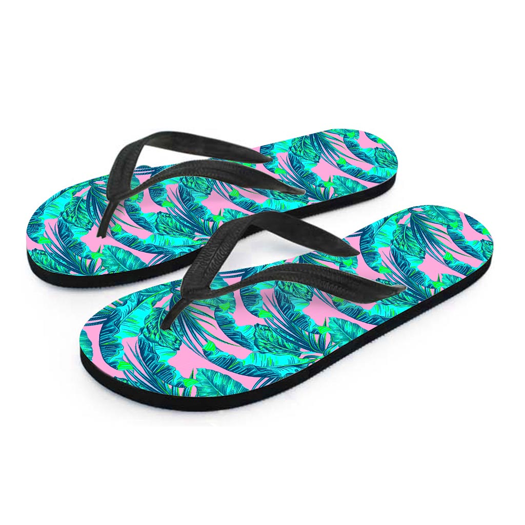 Pink Teal Tropical Leaf Pattern Print Flip Flops