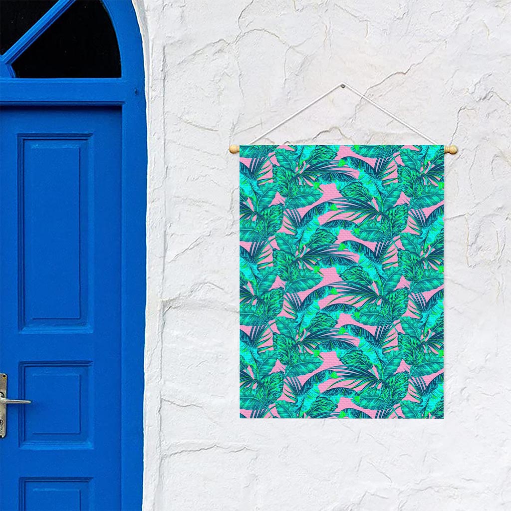 Pink Teal Tropical Leaf Pattern Print Garden Flag
