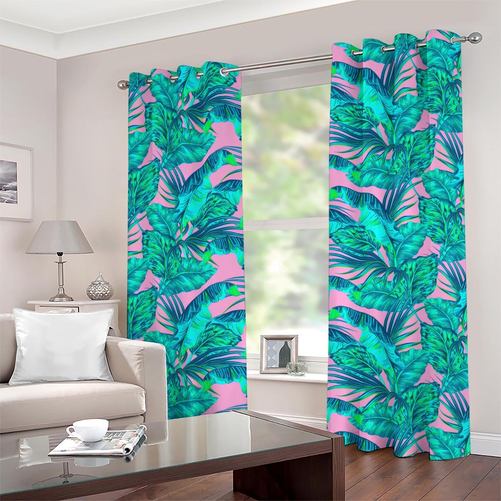 Pink Teal Tropical Leaf Pattern Print Grommet Curtains