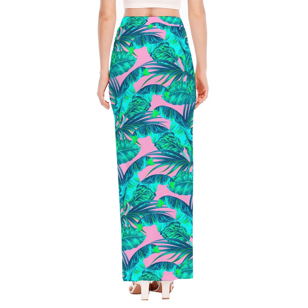 Pink Teal Tropical Leaf Pattern Print High Slit Maxi Skirt