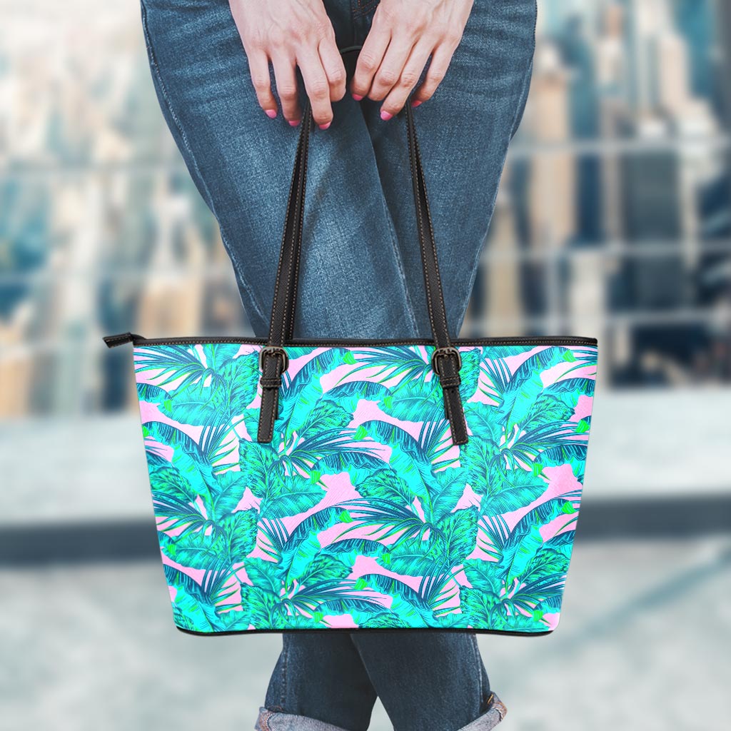 Pink Teal Tropical Leaf Pattern Print Leather Tote Bag