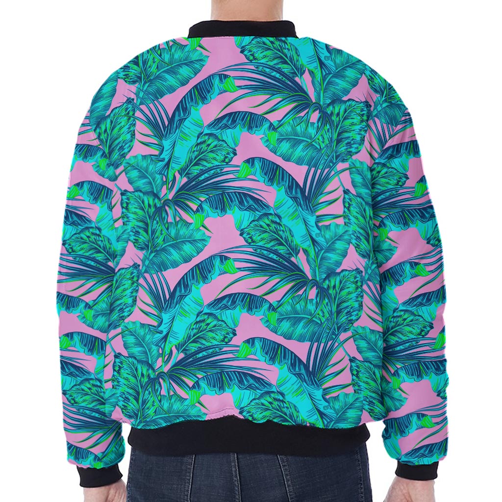 Pink Teal Tropical Leaf Pattern Print Zip Sleeve Bomber Jacket