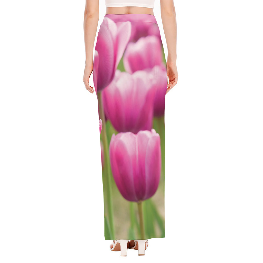 Pink Tulip Print High Slit Maxi Skirt