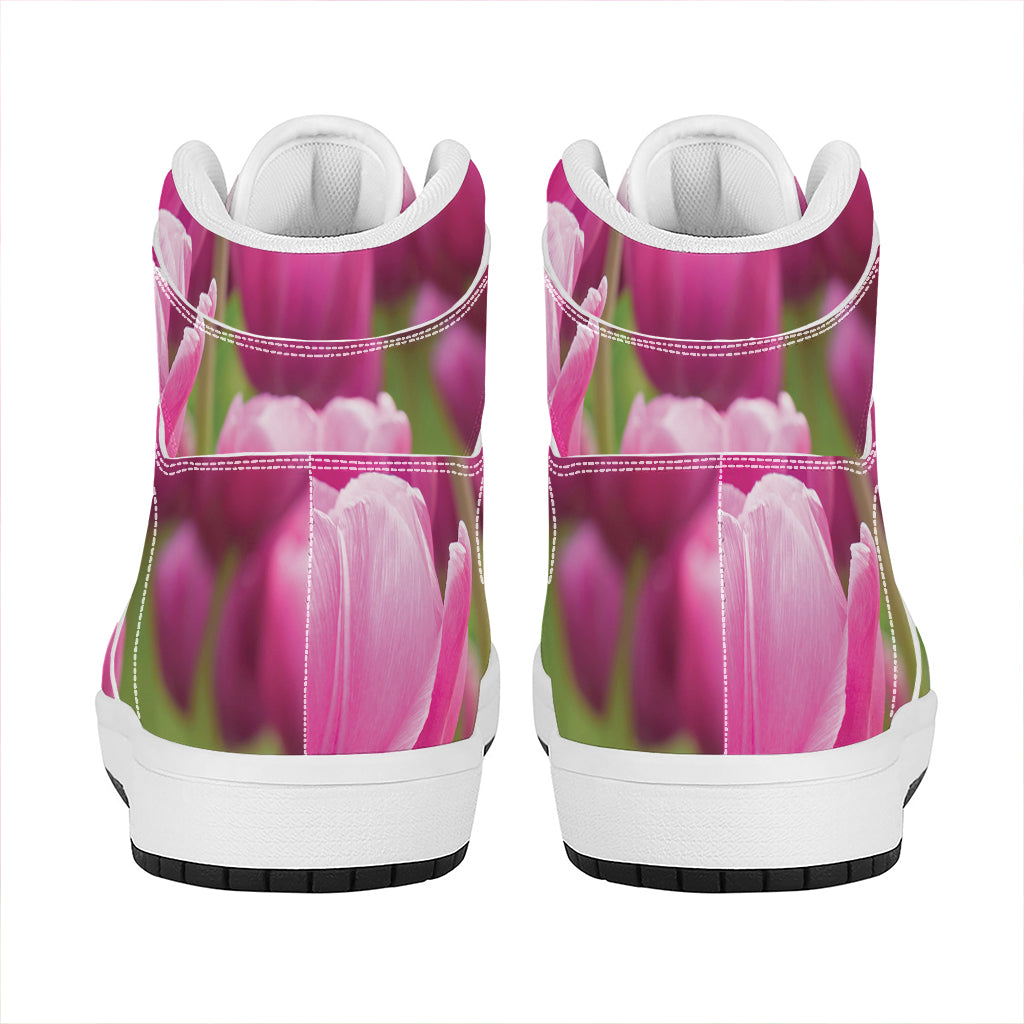 Pink Tulip Print High Top Leather Sneakers