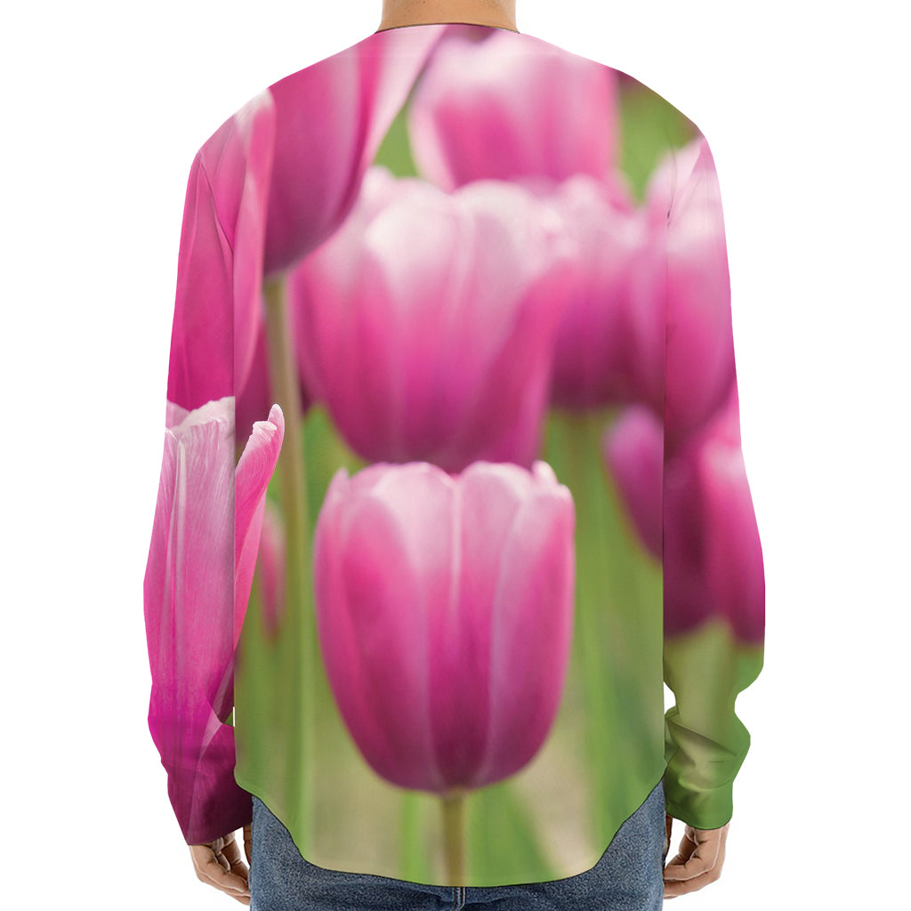 Pink Tulip Print Long Sleeve Baseball Jersey