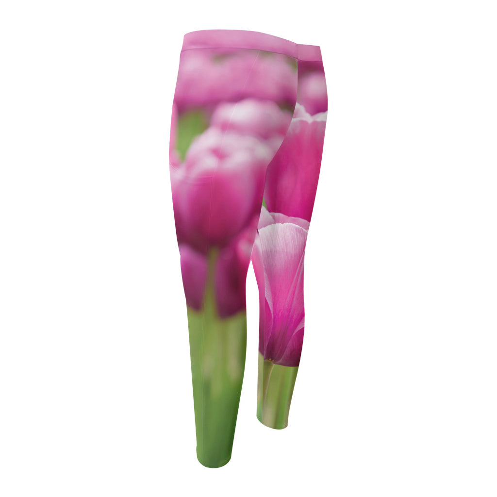 Pink Tulip Print Men's Compression Pants