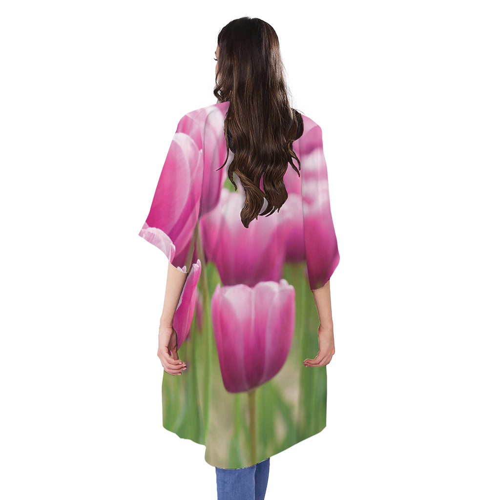 Pink Tulip Print Open Front Beach Cover Up