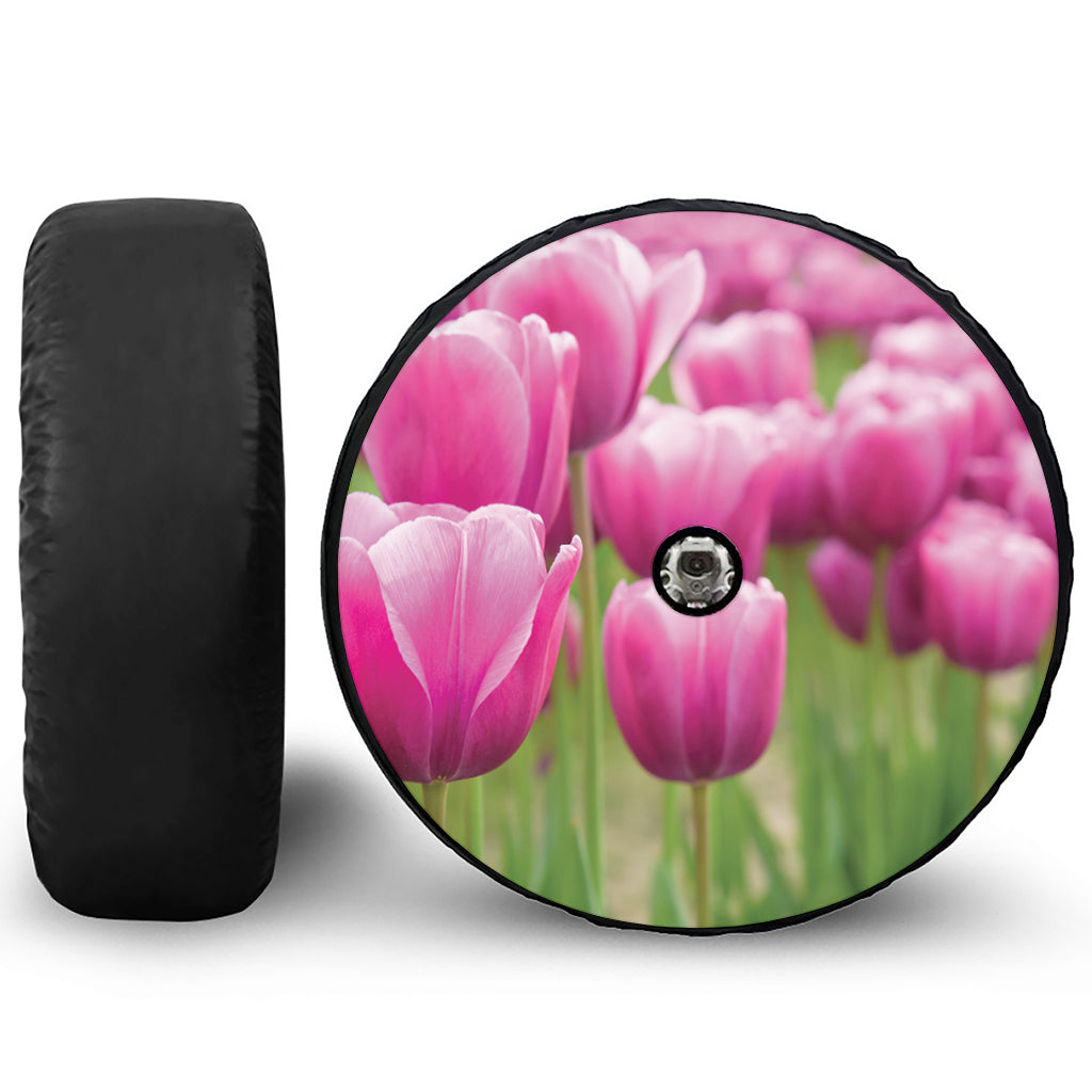 Pink Tulip Print Tire Cover With Camera Hole
