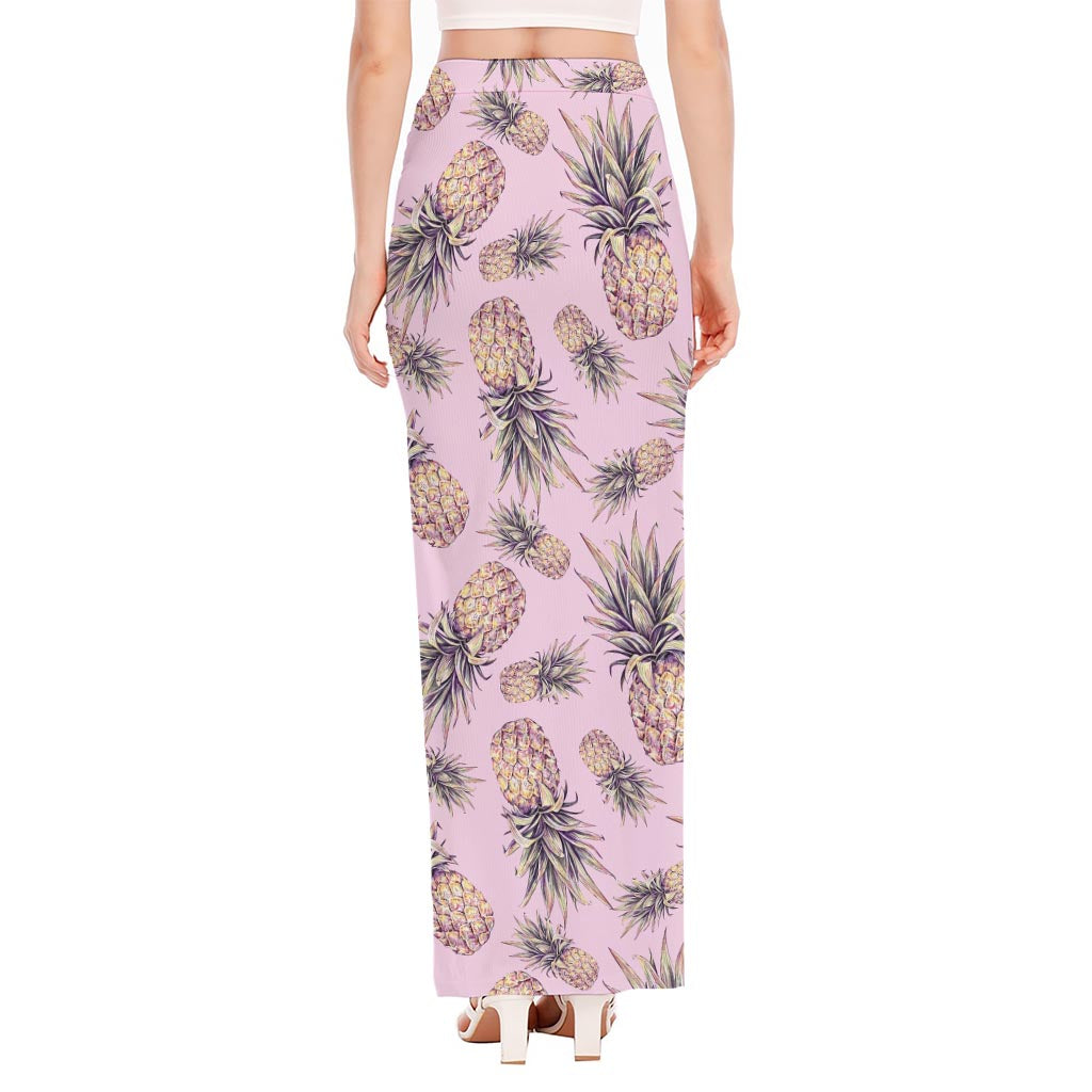 Pink Vintage Pineapple Pattern Print High Slit Maxi Skirt
