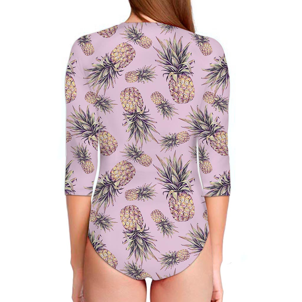 Pink Vintage Pineapple Pattern Print Long Sleeve Swimsuit