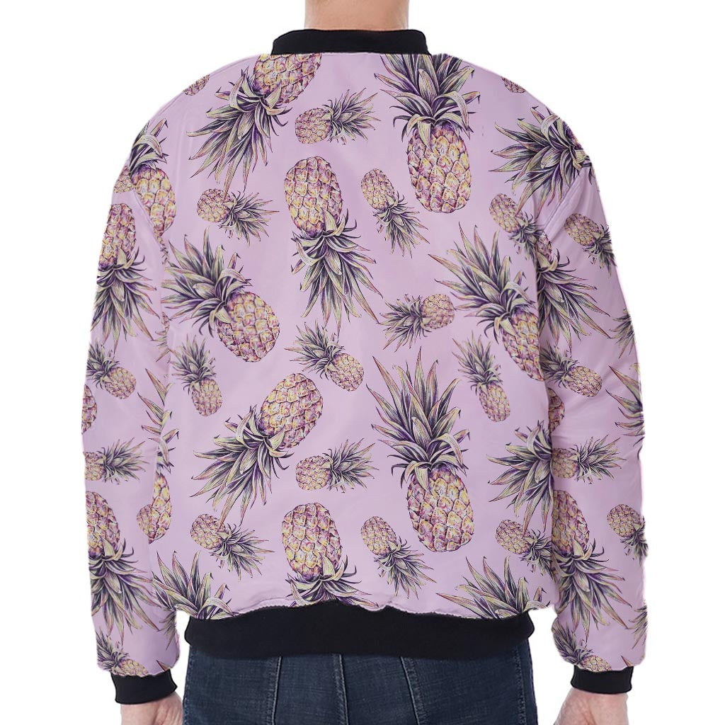 Pink Vintage Pineapple Pattern Print Zip Sleeve Bomber Jacket