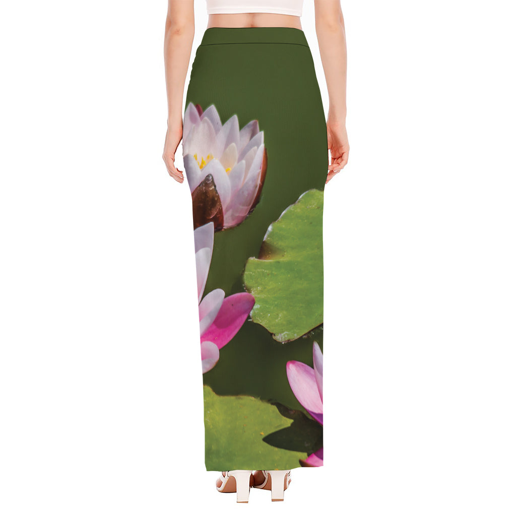 Pink Water Lilies Print High Slit Maxi Skirt