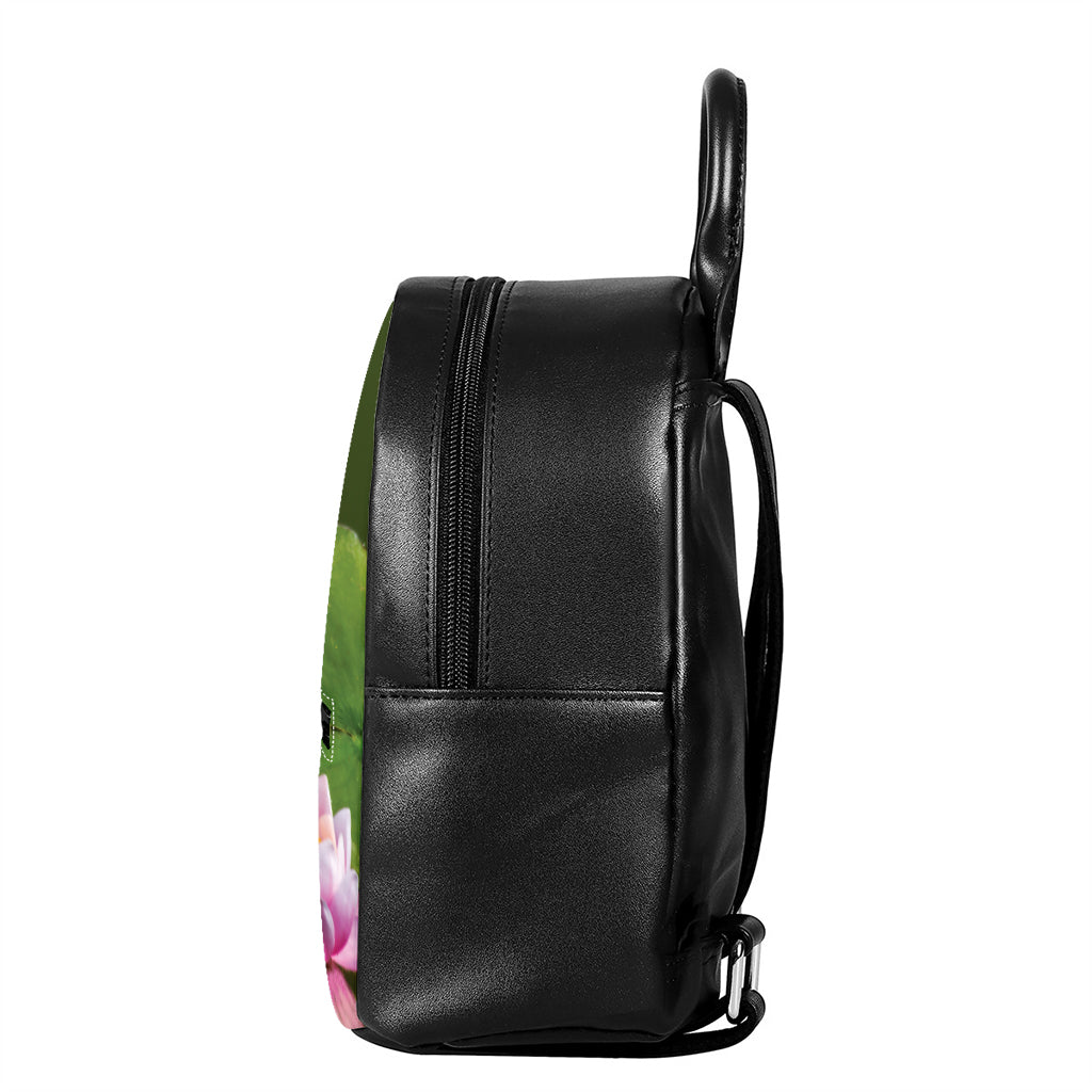 Pink Water Lilies Print Leather Backpack
