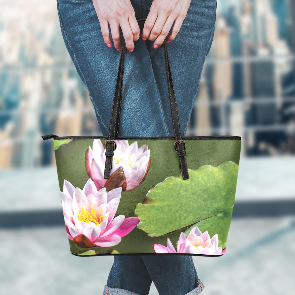 Pink Water Lilies Print Leather Tote Bag