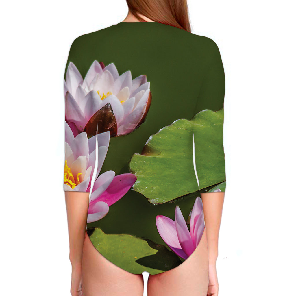 Pink Water Lilies Print Long Sleeve Swimsuit