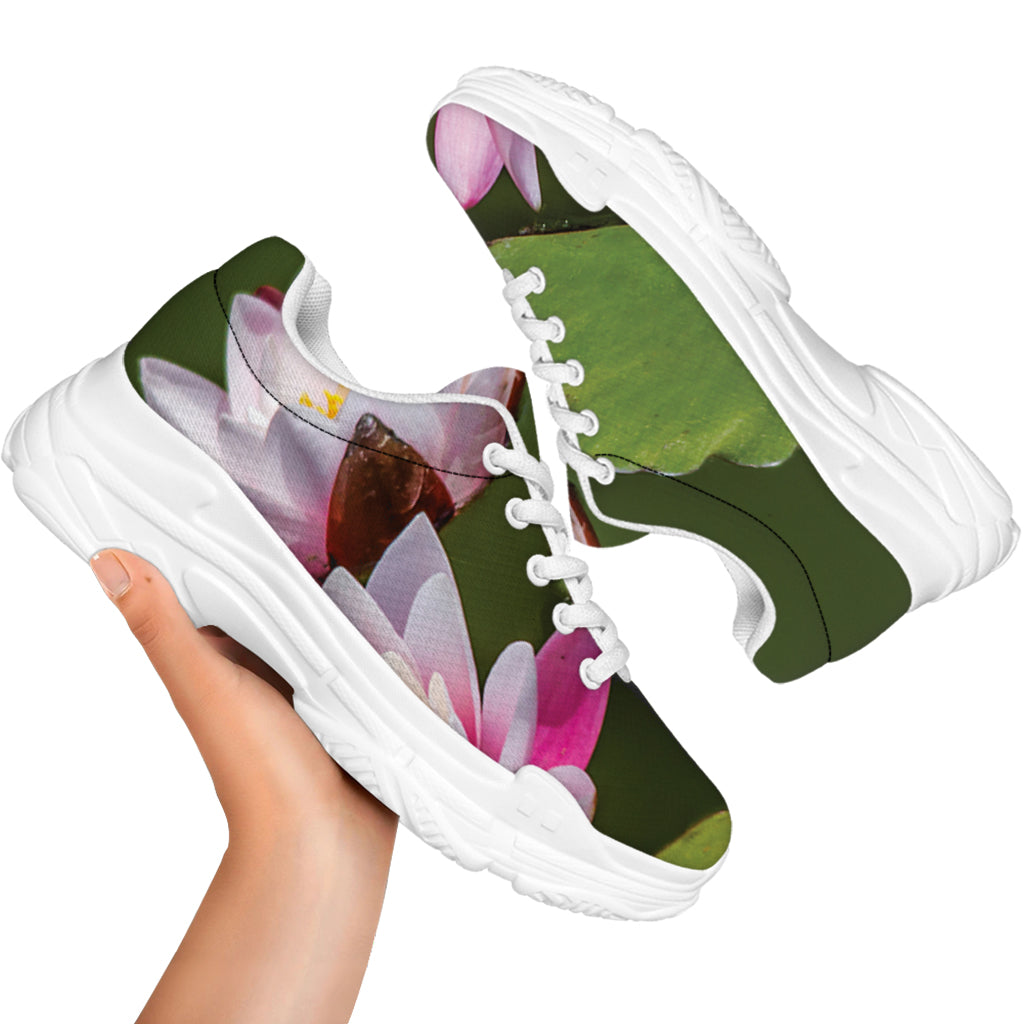 Pink Water Lilies Print White Chunky Shoes