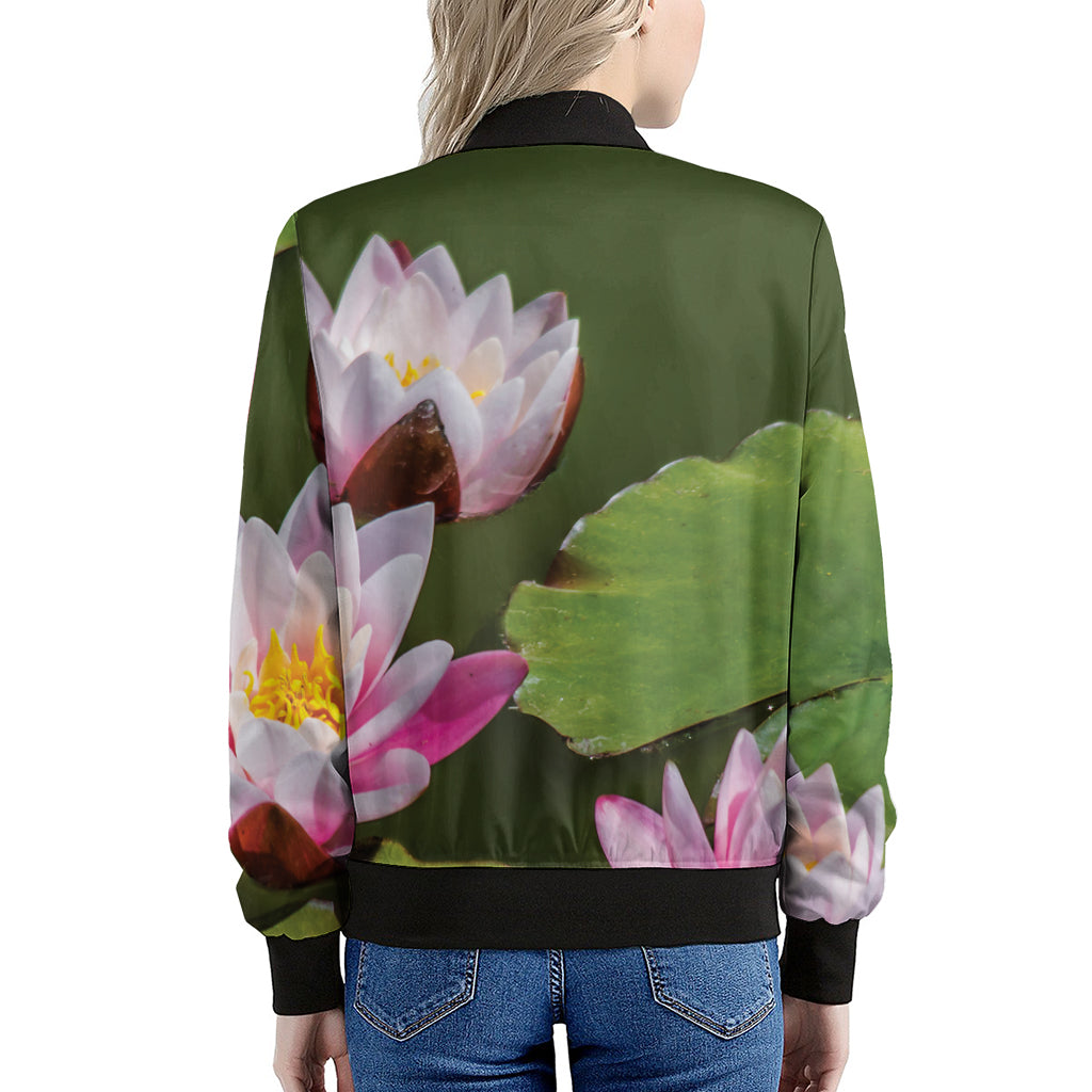 Pink Water Lilies Print Women's Bomber Jacket