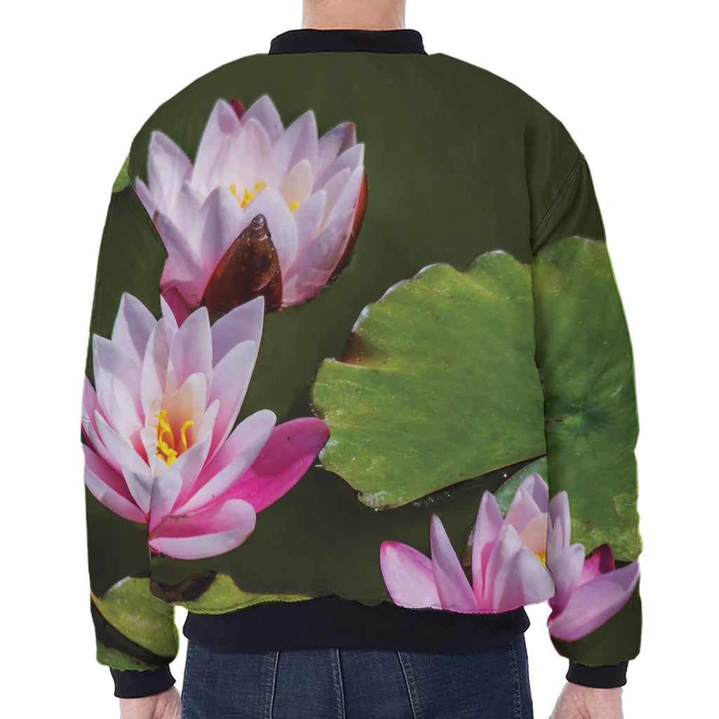 Pink Water Lilies Print Zip Sleeve Bomber Jacket