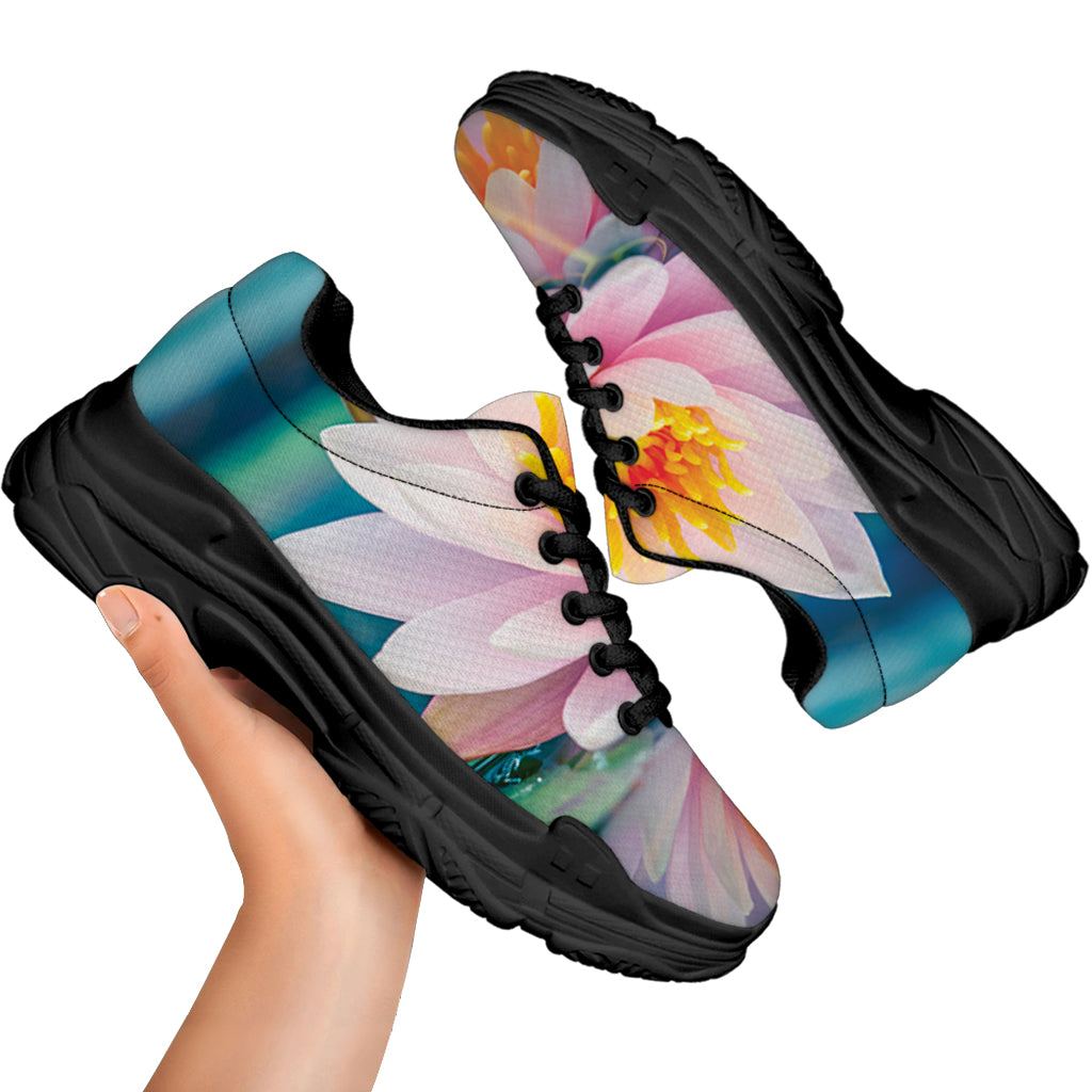 Pink Water Lily Print Black Chunky Shoes