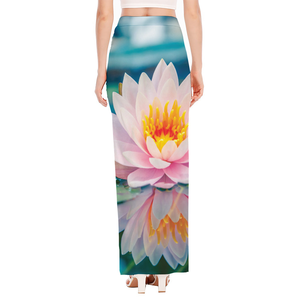 Pink Water Lily Print High Slit Maxi Skirt