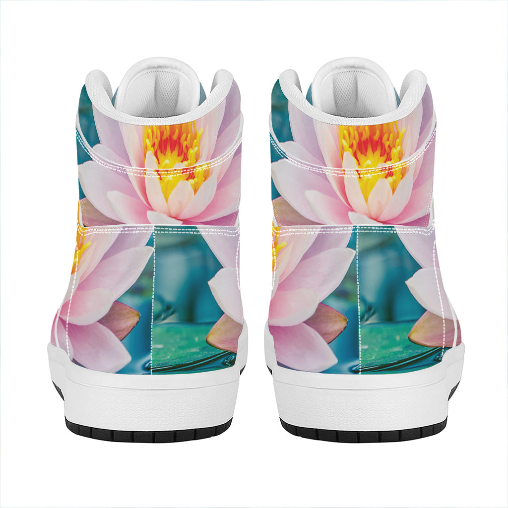 Pink Water Lily Print High Top Leather Sneakers