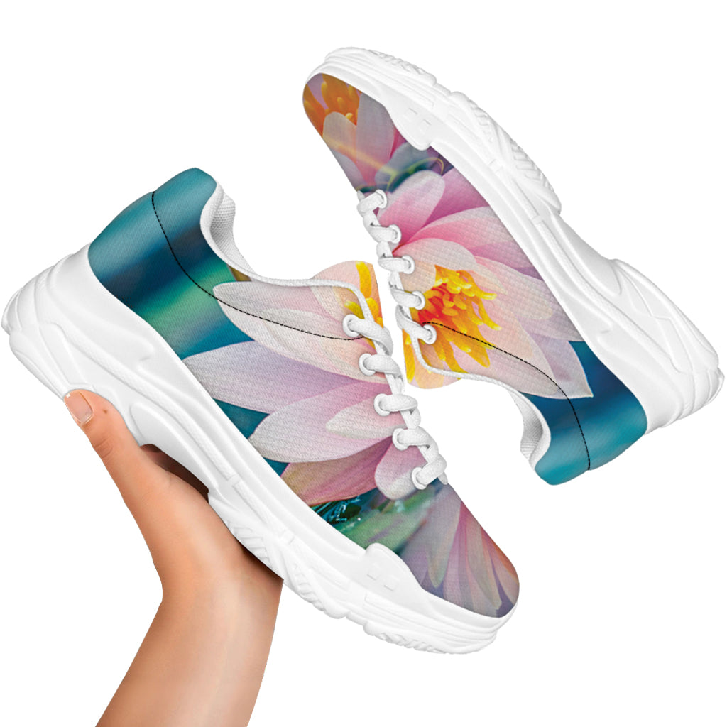 Pink Water Lily Print White Chunky Shoes