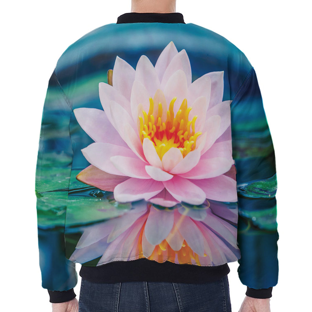 Pink Water Lily Print Zip Sleeve Bomber Jacket