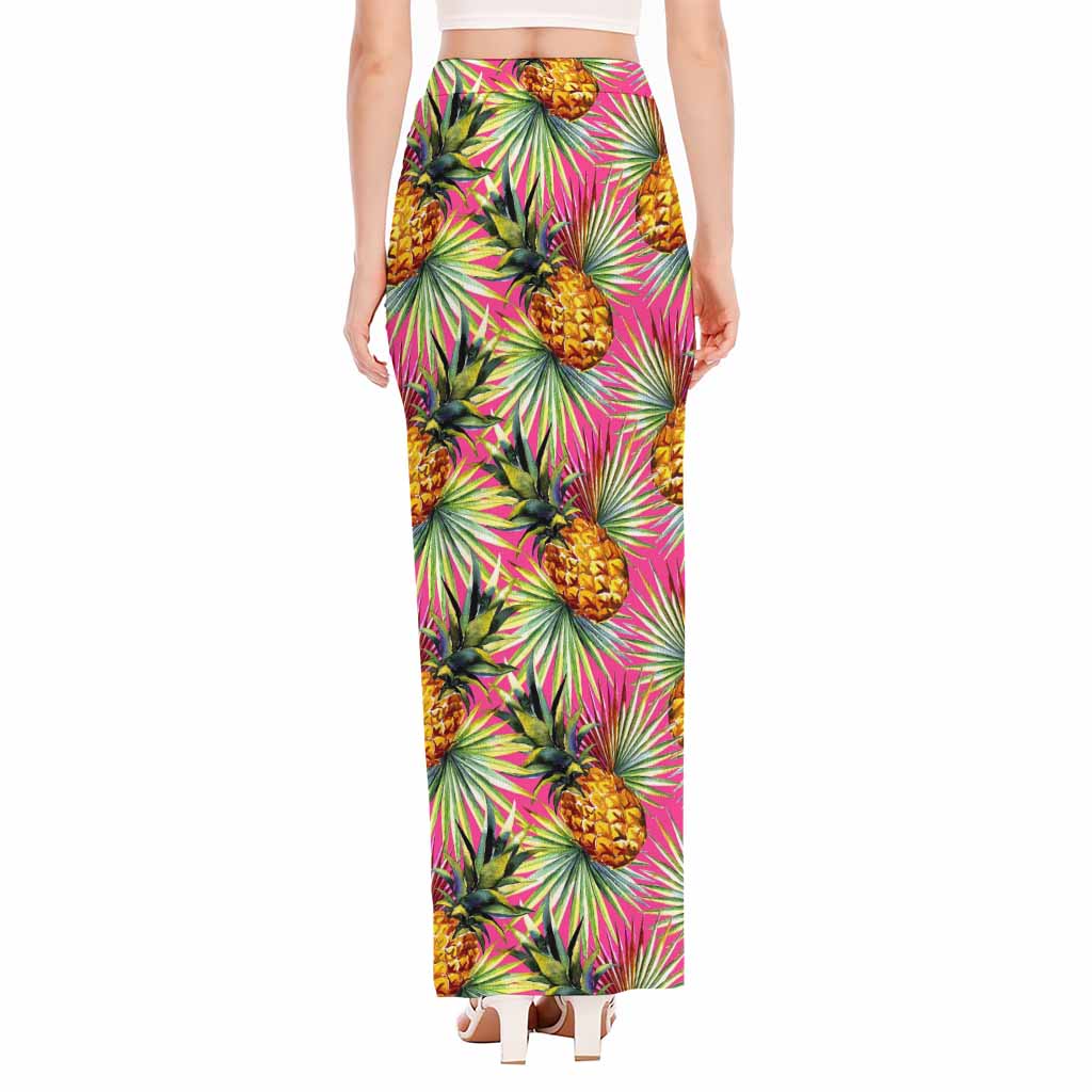 Pink Watercolor Pineapple Pattern Print High Slit Maxi Skirt