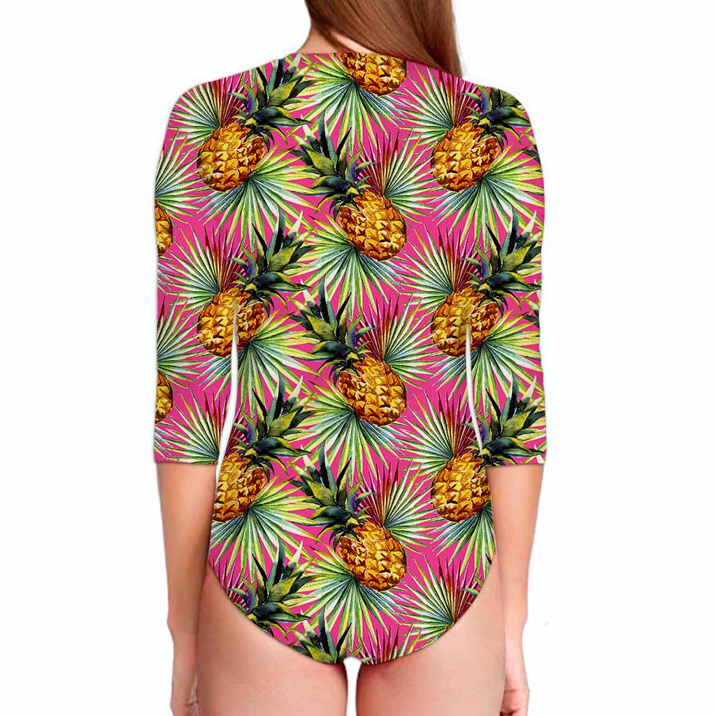 Pink Watercolor Pineapple Pattern Print Long Sleeve Swimsuit