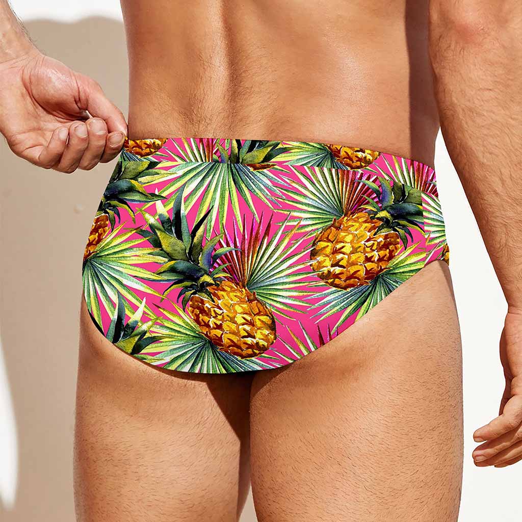 Pink Watercolor Pineapple Pattern Print Men's Swim Briefs