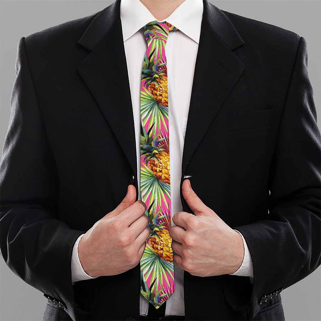 Pink Watercolor Pineapple Pattern Print Necktie