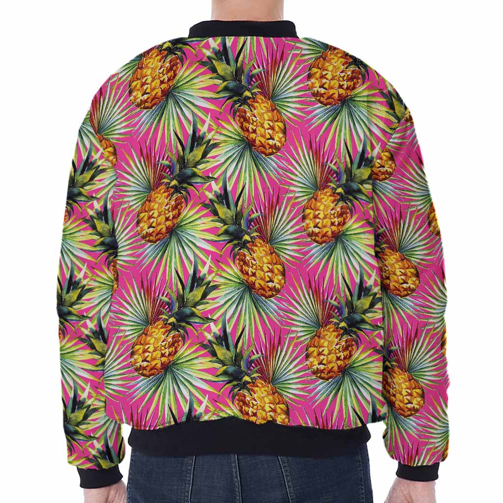 Pink Watercolor Pineapple Pattern Print Zip Sleeve Bomber Jacket