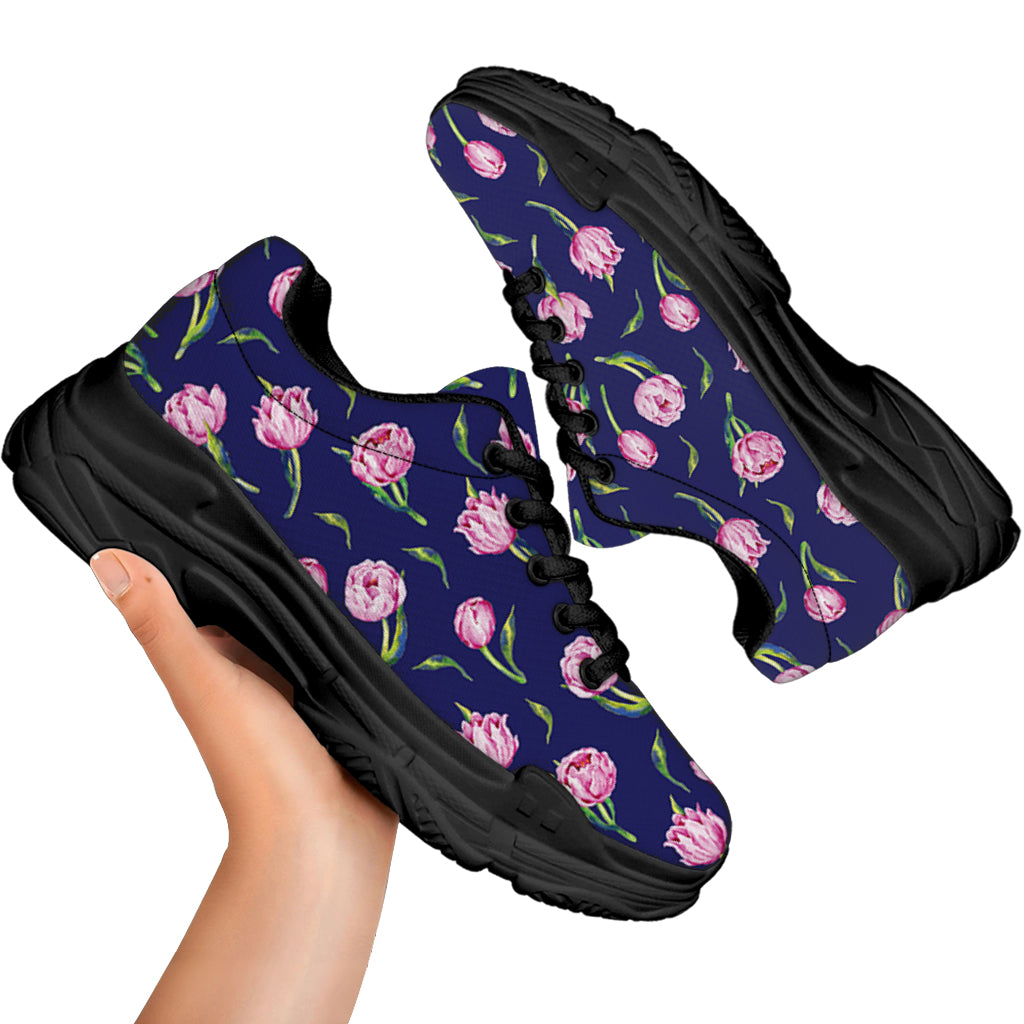 Pink Watercolor Tulip Flower Print Black Chunky Shoes