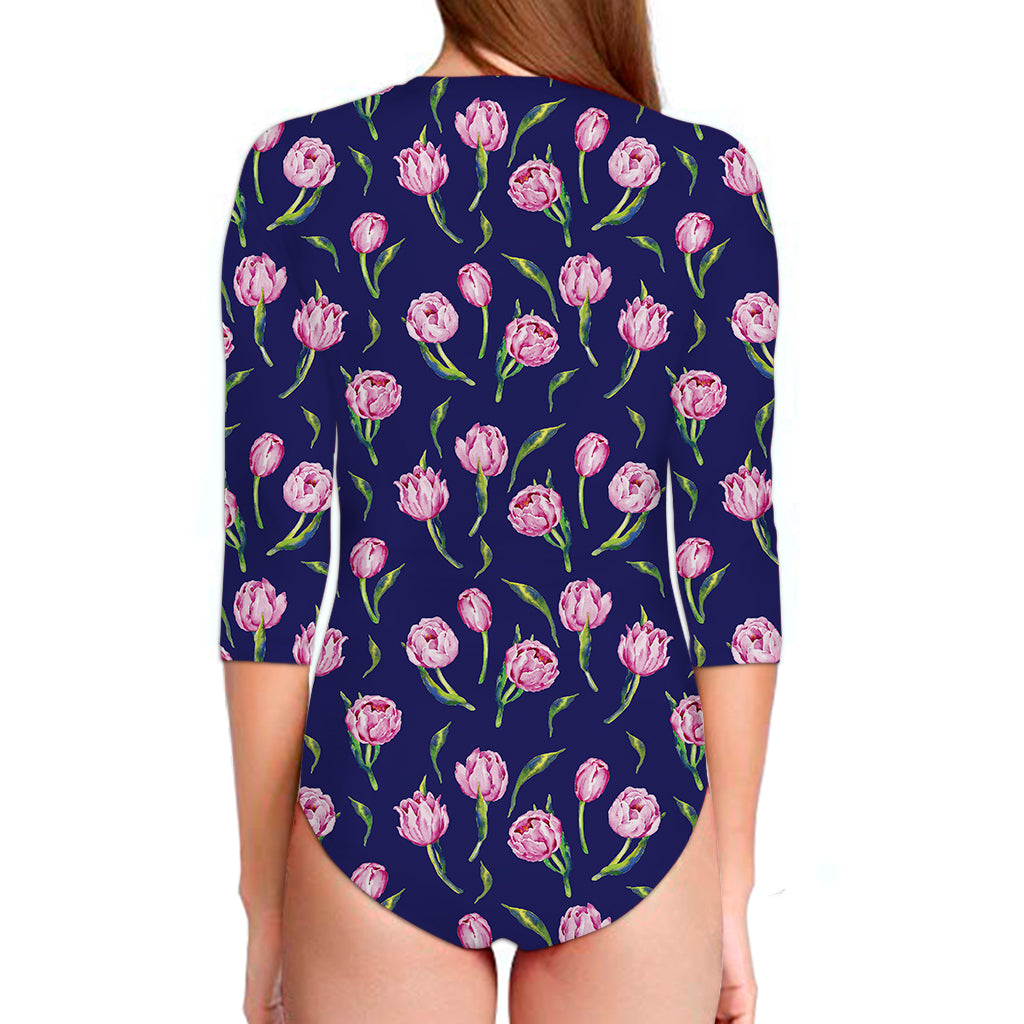 Pink Watercolor Tulip Flower Print Long Sleeve Swimsuit