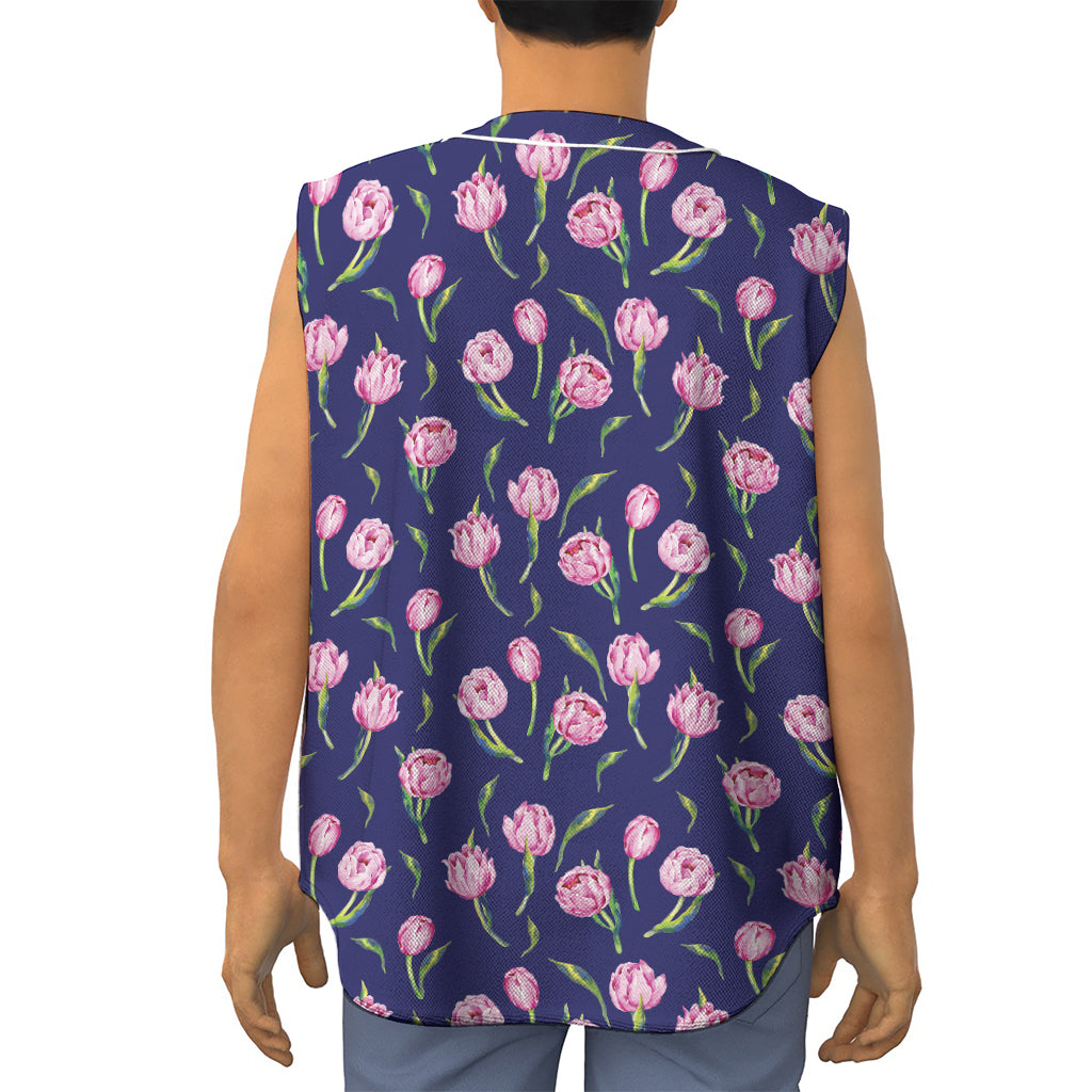 Pink Watercolor Tulip Flower Print Sleeveless Baseball Jersey