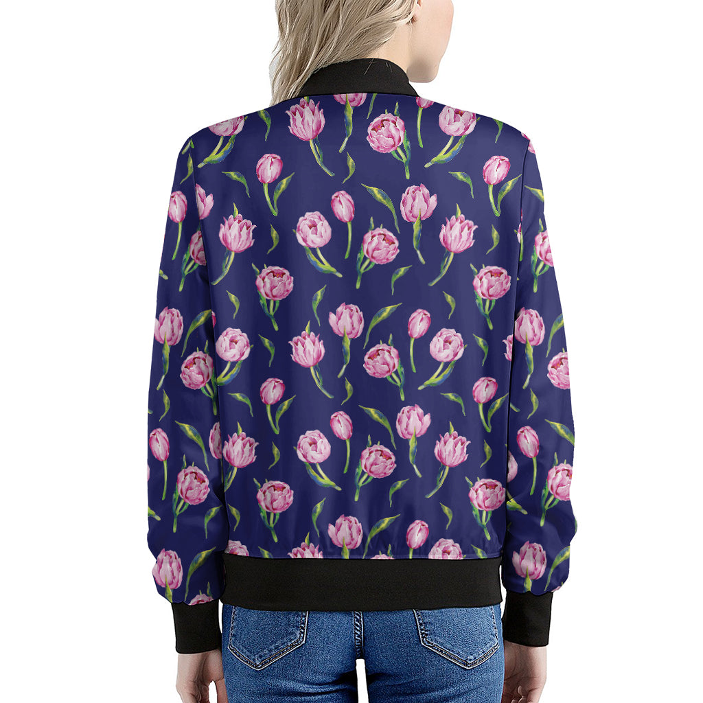Pink Watercolor Tulip Flower Print Women's Bomber Jacket