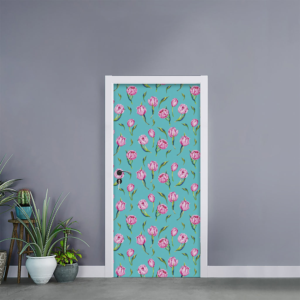 Pink Watercolor Tulip Pattern Print Door Sticker
