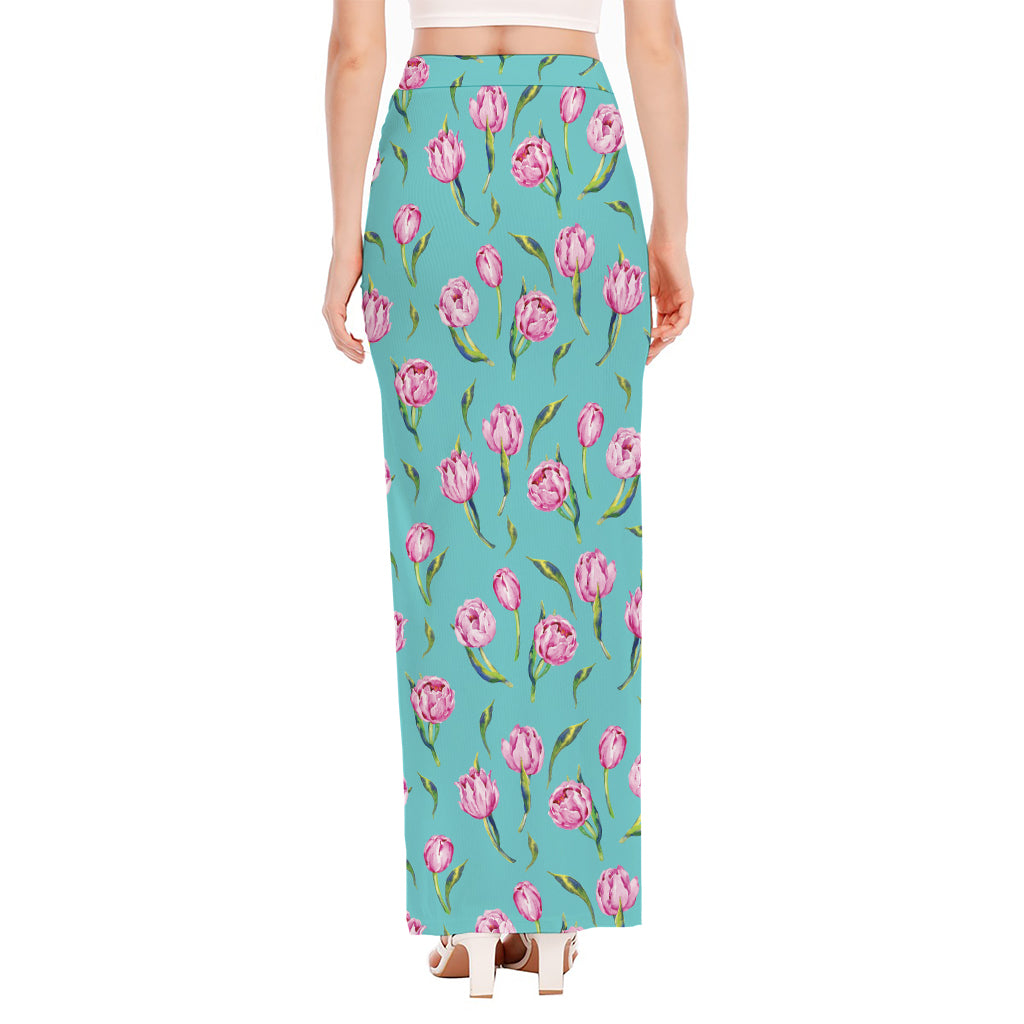 Pink Watercolor Tulip Pattern Print High Slit Maxi Skirt