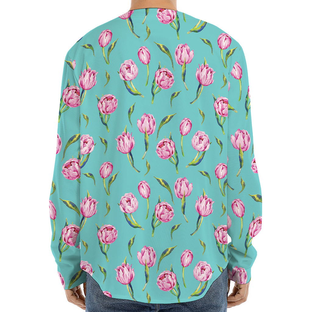 Pink Watercolor Tulip Pattern Print Long Sleeve Baseball Jersey