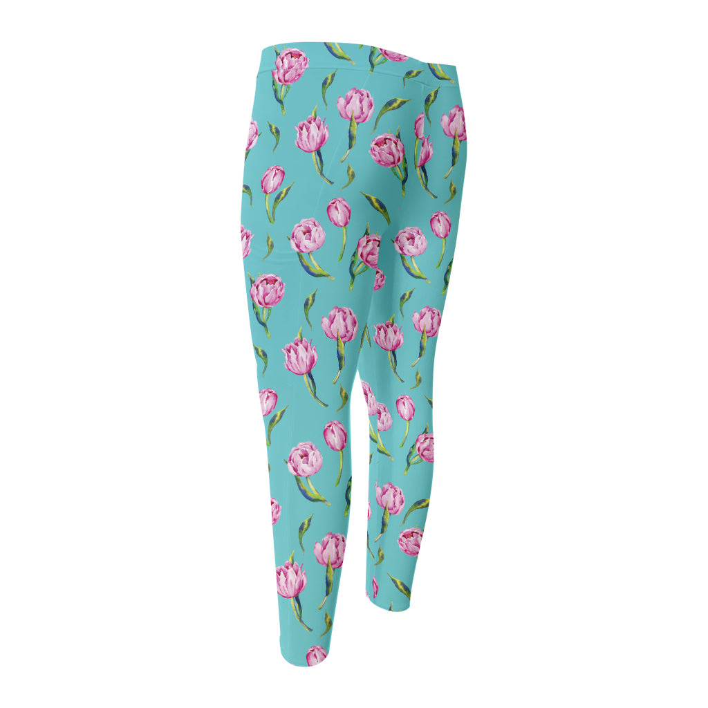 Pink Watercolor Tulip Pattern Print Men's Compression Pants