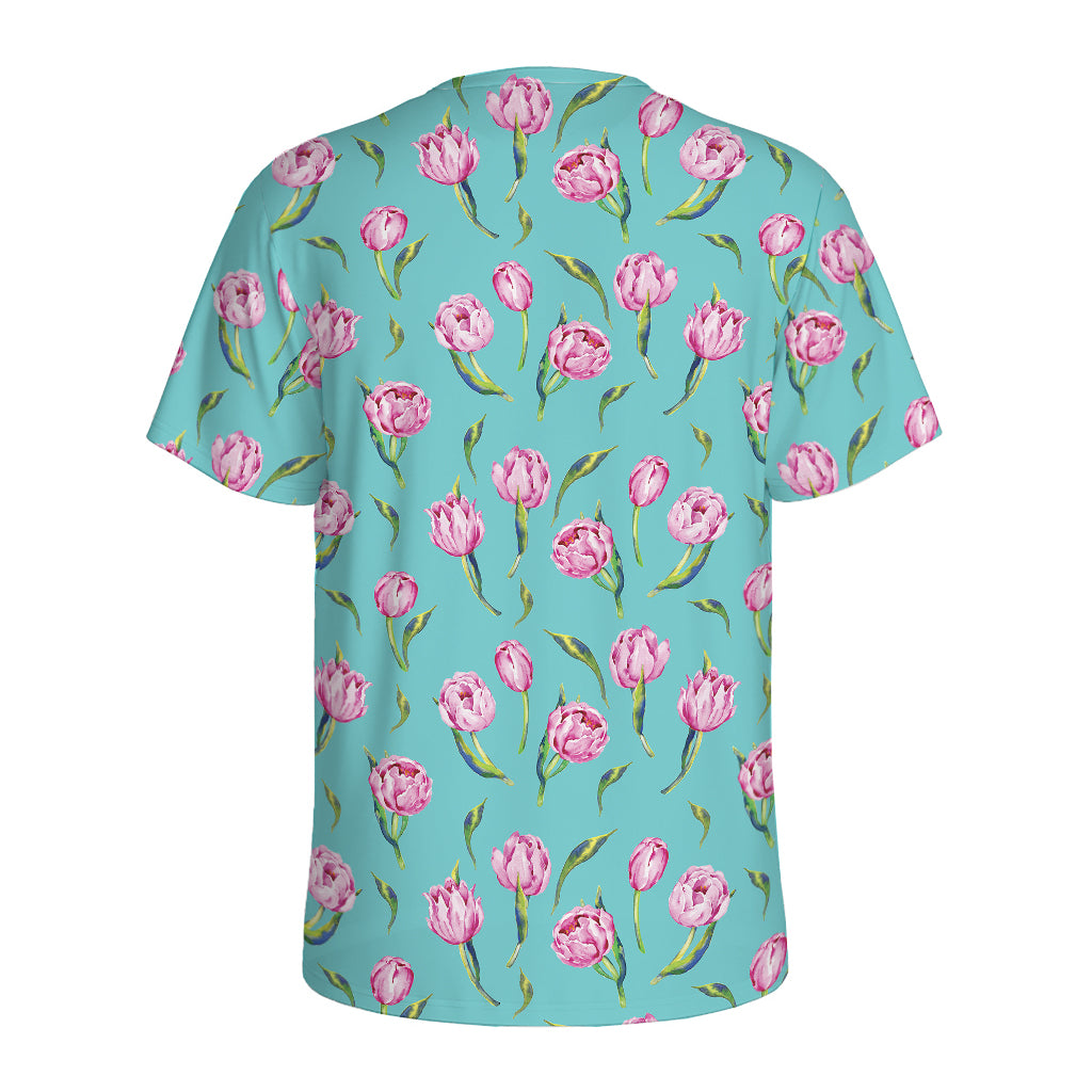 Pink Watercolor Tulip Pattern Print Men's Sports T-Shirt