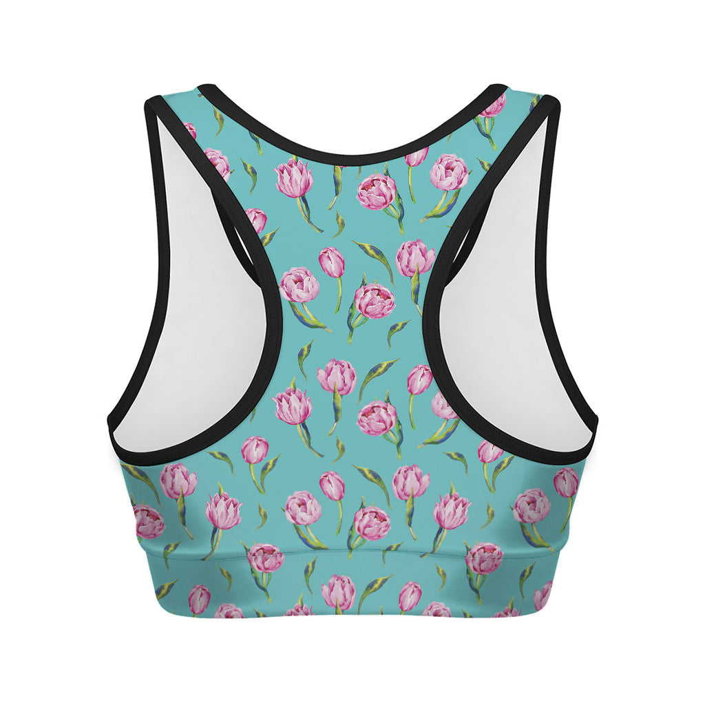 Pink Watercolor Tulip Pattern Print Women's Sports Bra