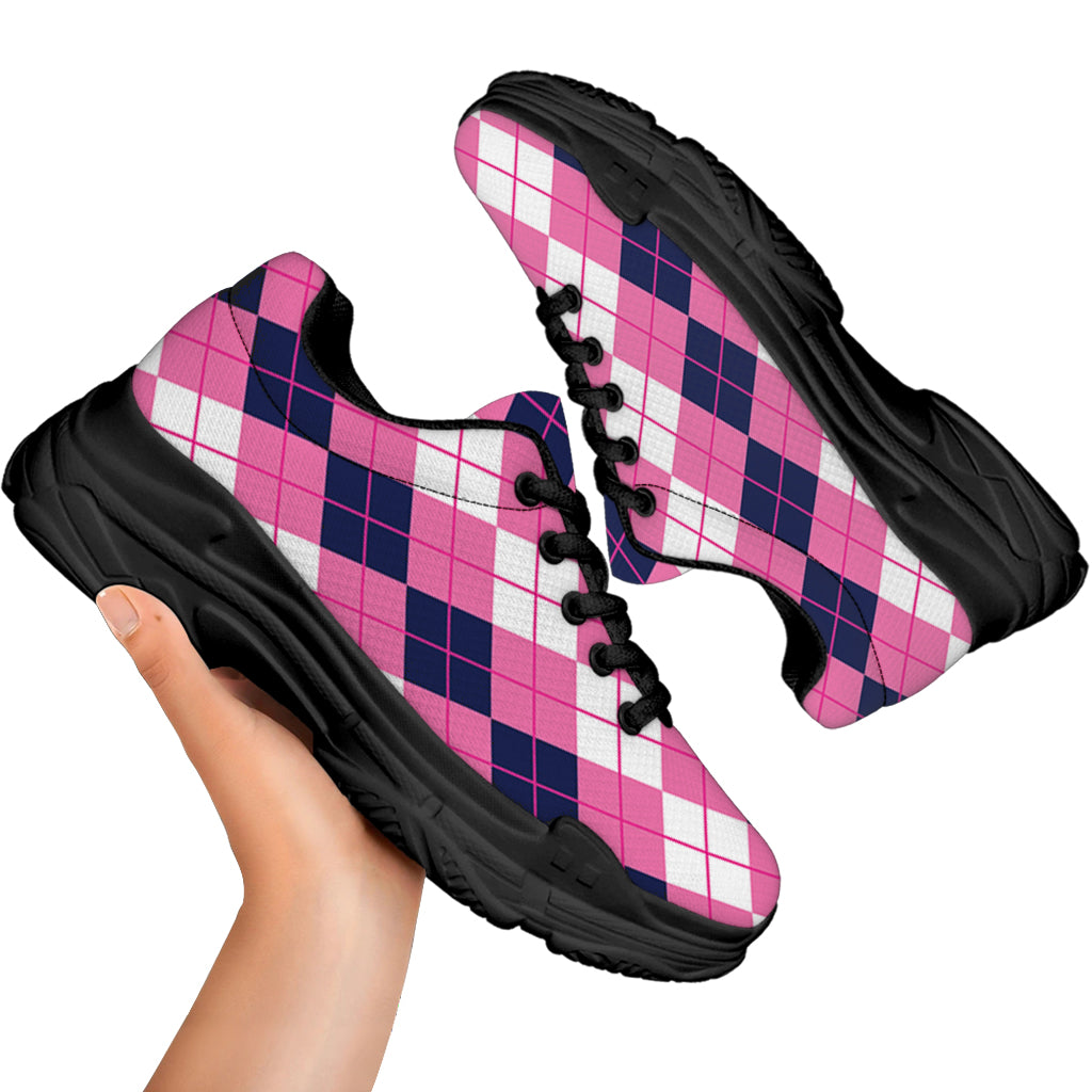 Pink White And Blue Argyle Pattern Print Black Chunky Shoes