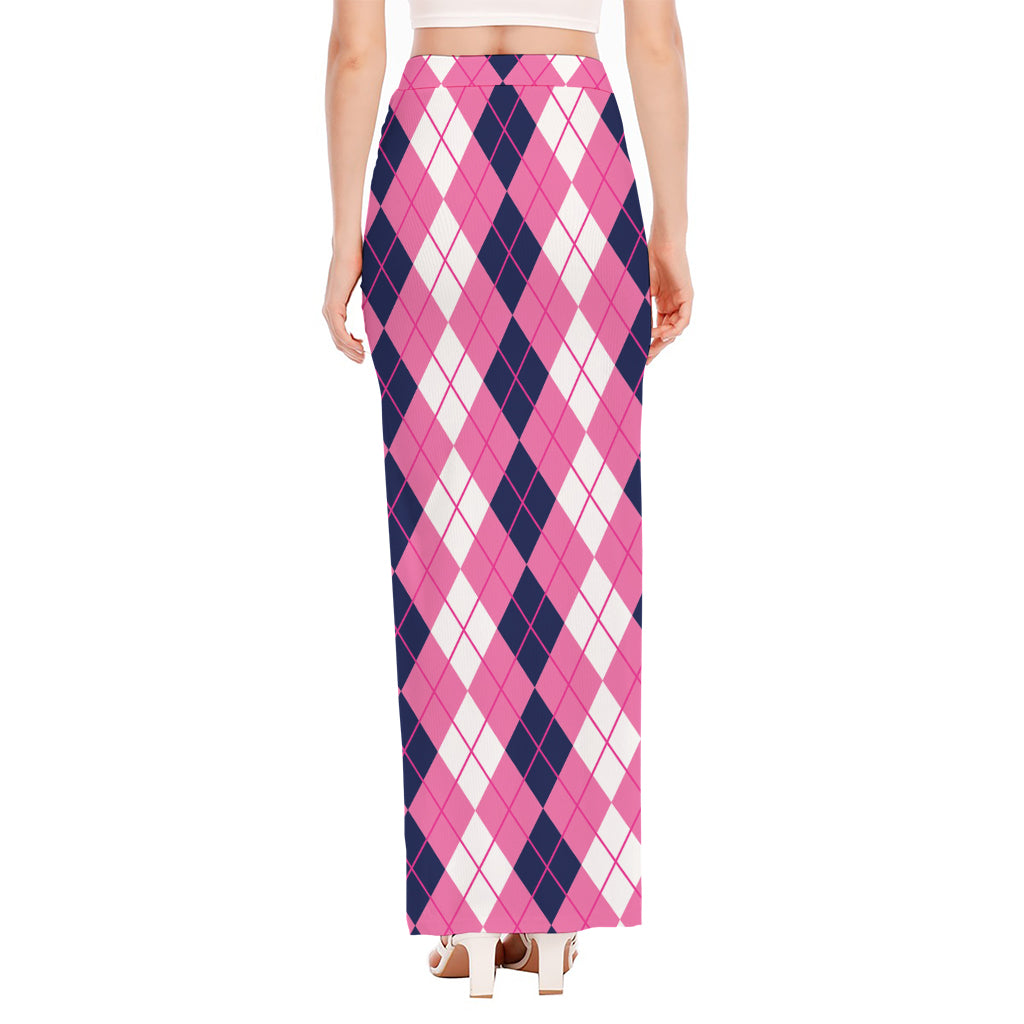Pink White And Blue Argyle Pattern Print High Slit Maxi Skirt